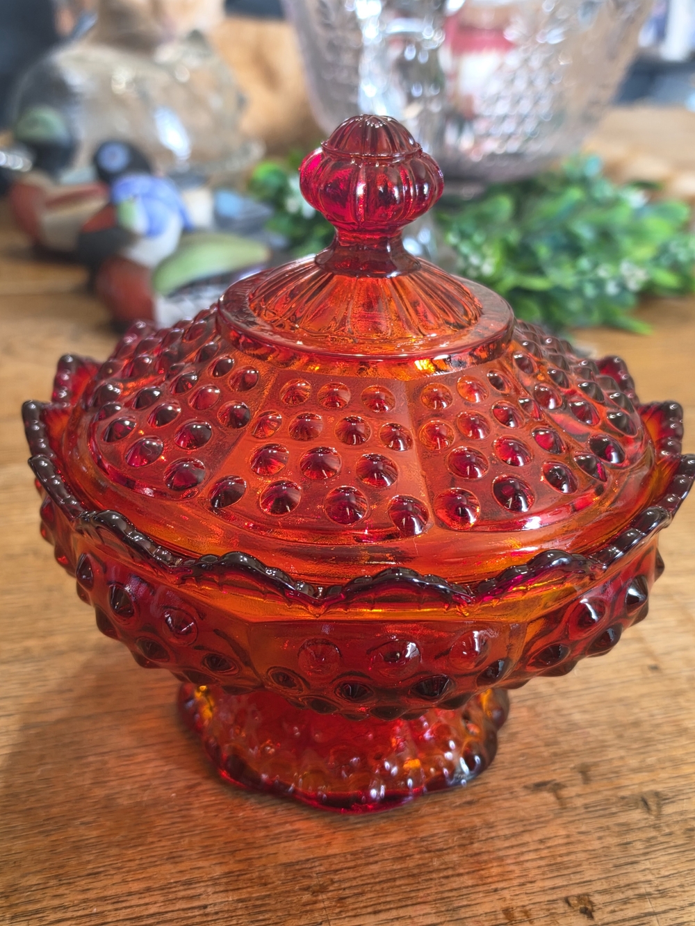 Fenton Amberina Hobnail Glass Covered Candy Dish